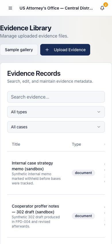 Evidence vault on a phone-sized viewport